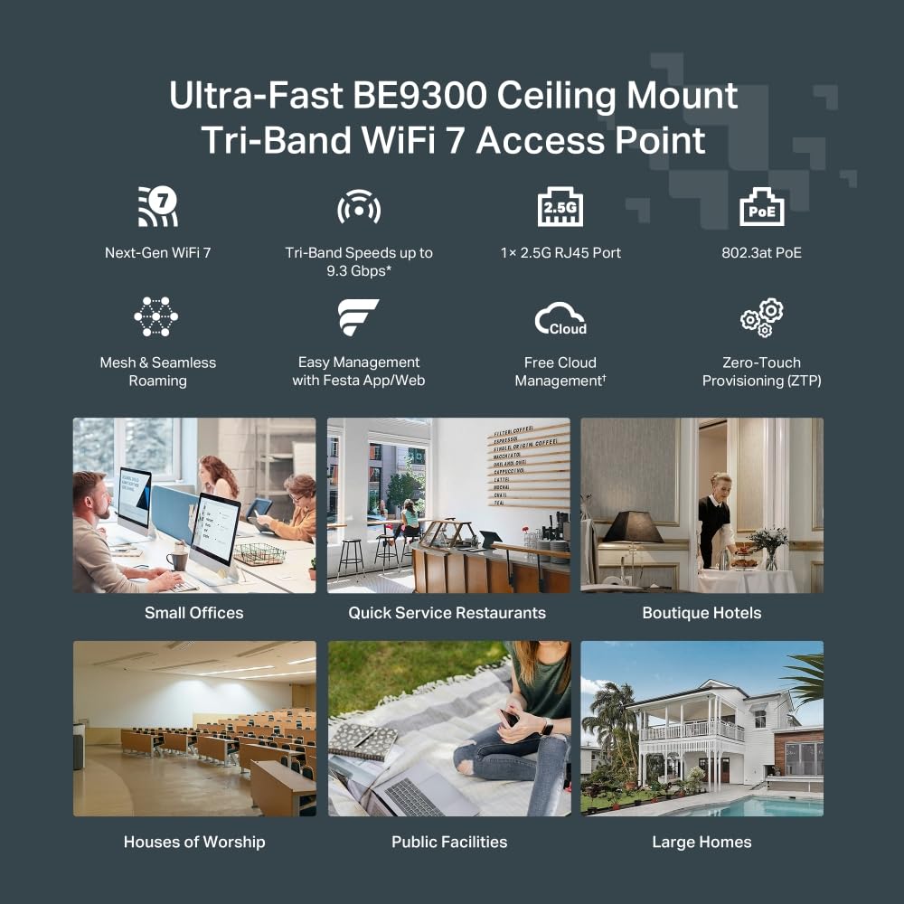 TP-Link Festa F76 | Punkt dostępowy WiFi 7 BE11000 | Montaż sufitowy | Port 2.5G | Obsługa PoE