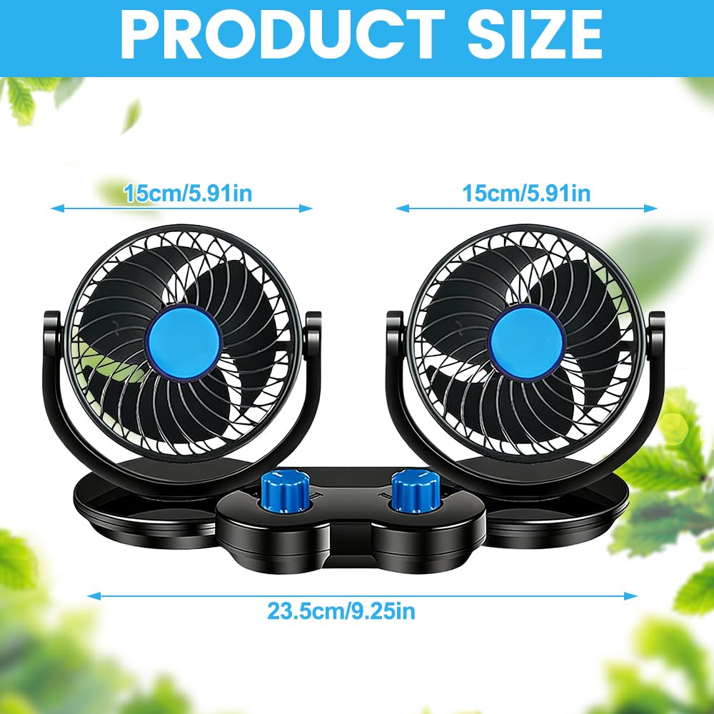 Ventilatore per auto, 12 V, doppia testa, portatile, rotazione a 360 gradi, silenzioso, a 2 velocità, per SUV, camper, barca, camper, ATV