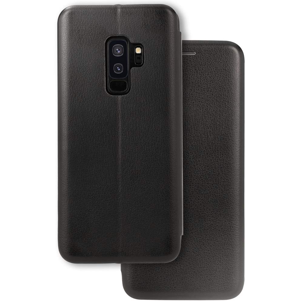NALIA Flip Case Compatible with Samsung Galaxy S9 Plus, Slim Magnetic Front & Back Protective Cover Case in Vegan Leather, Anti-Shock Bumper Slim Durable – Black