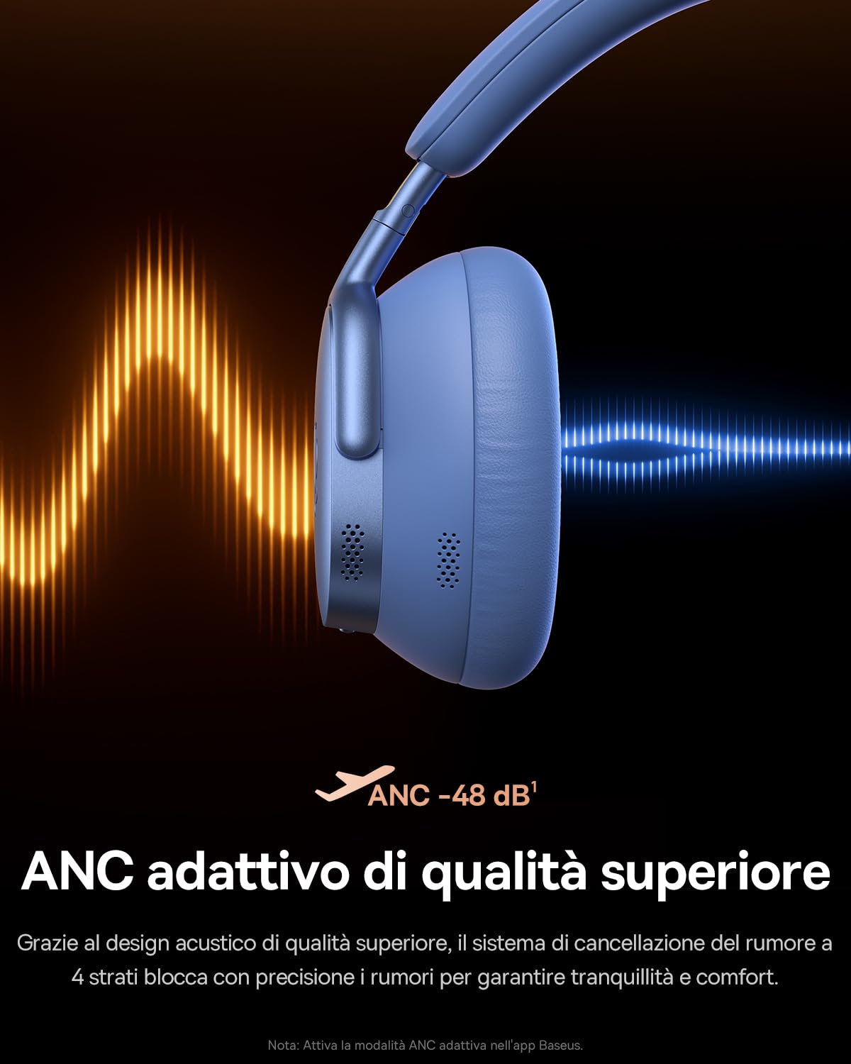 Baseus Inspire XH1 Cuffie Bluetooth Cancellazione Rumore Attiva, Sound by Bose, Nuvola di Conforto, Dolby Audio & Hi-Res per un Suono Incredibilmente Dinamico, Autonomia 100 h, Blu Crepuscolare