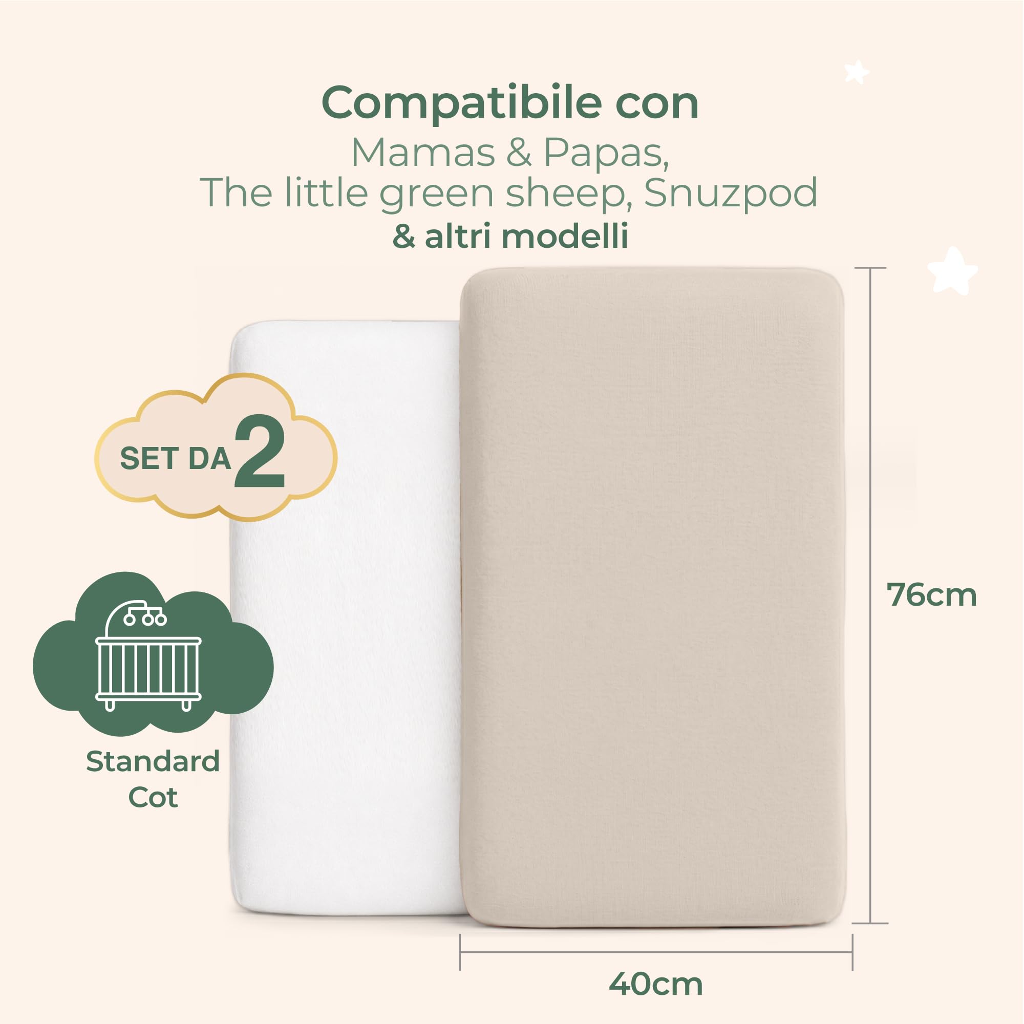 Dreamzie - Lenzuola con Angoli Lettino 40x76 cm, Set da 2, Cotone Biologico GOTS Jersey, per Culla Co-Sleeping e Next2Me, Bianco Beige