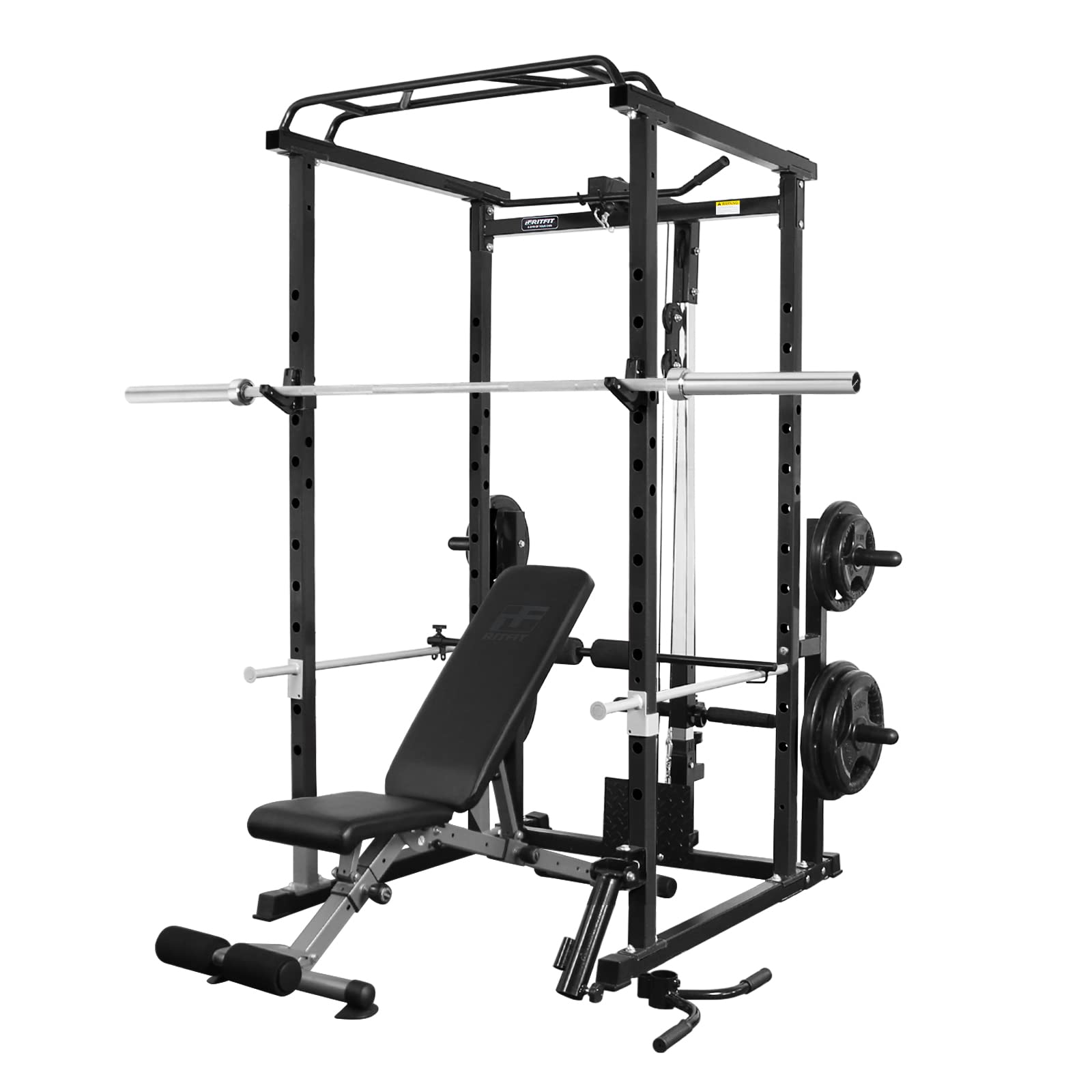 RitFit Squat Rack Power Cage Home Gym Package, Includes 1000LBS Power Rack with LAT Pull Down, Weight Bench, Rubber/Bumper Plates Set with Olympic Barbell (Package 1.5K (Rubber Plate 230LBS))-Black
