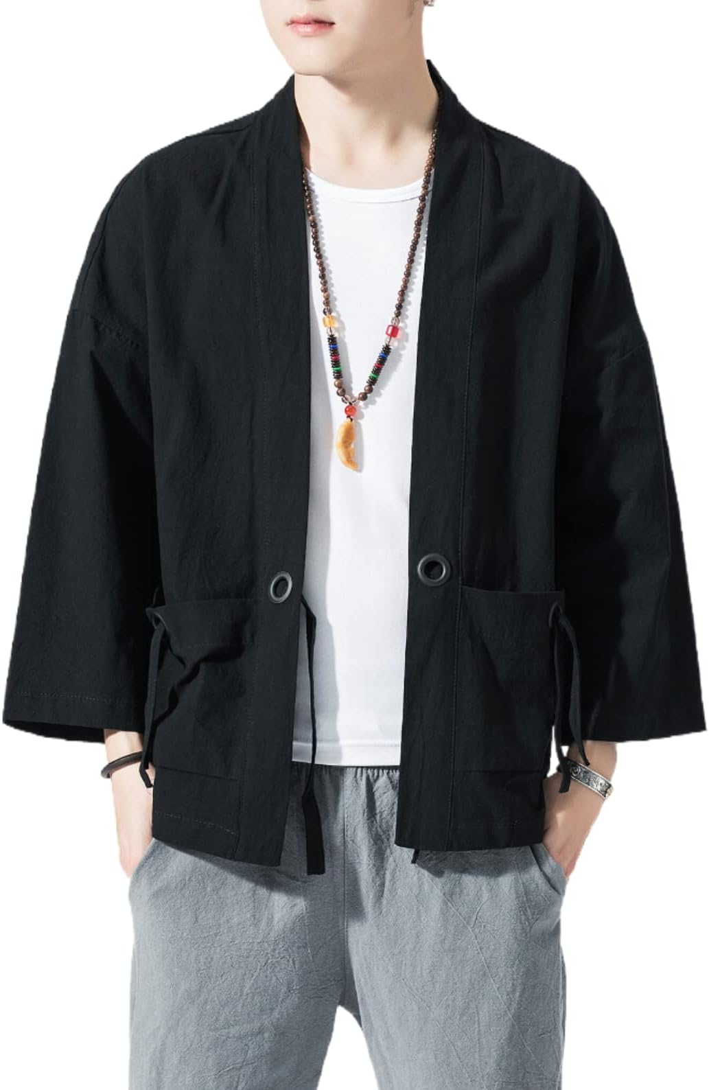 Men's Japanese Kimono Cardigan Loose Cotton Linen 3/4 Sleeve Open Front Casual Summer Shirt Jackets, 01- Black, L (PJ001BK104)