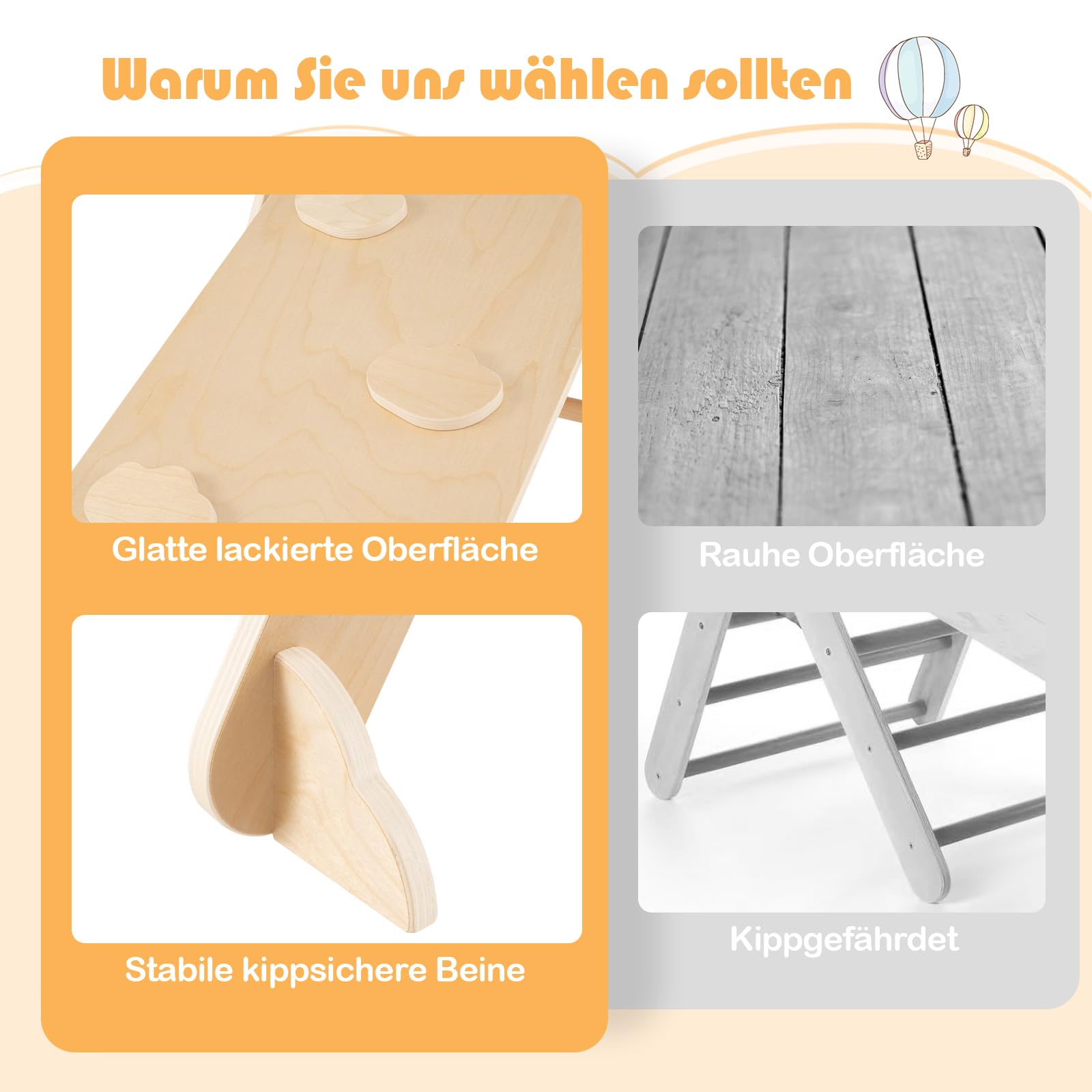 COSTWAY Kletterdreieck mit Rutsche, Kletterbogen, inkl. doppelseitige Rampe, Klettergerüst Indoor klappbar, Sprossendreieck zum Klettern, Rutschen und Wippen, Kinder Spielplatz Holz ab 3 Jahre, Natur
