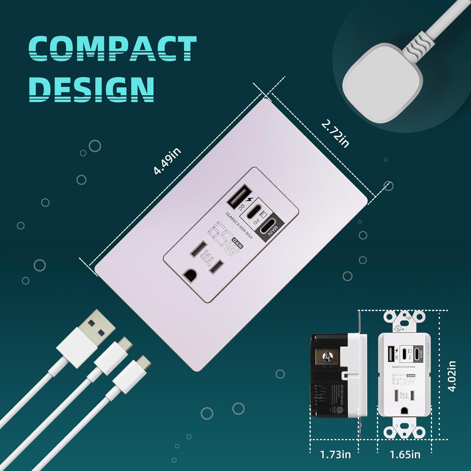 TOPELER USB Wall Outlet, 65W GaN USB Outlet Receptacles with 3 USB Ports for Laptop, 15 Amp Tamper-Resistant Receptacle Plug, Screwless Wall Plate Included, ETL Listed, White, 2 Pack