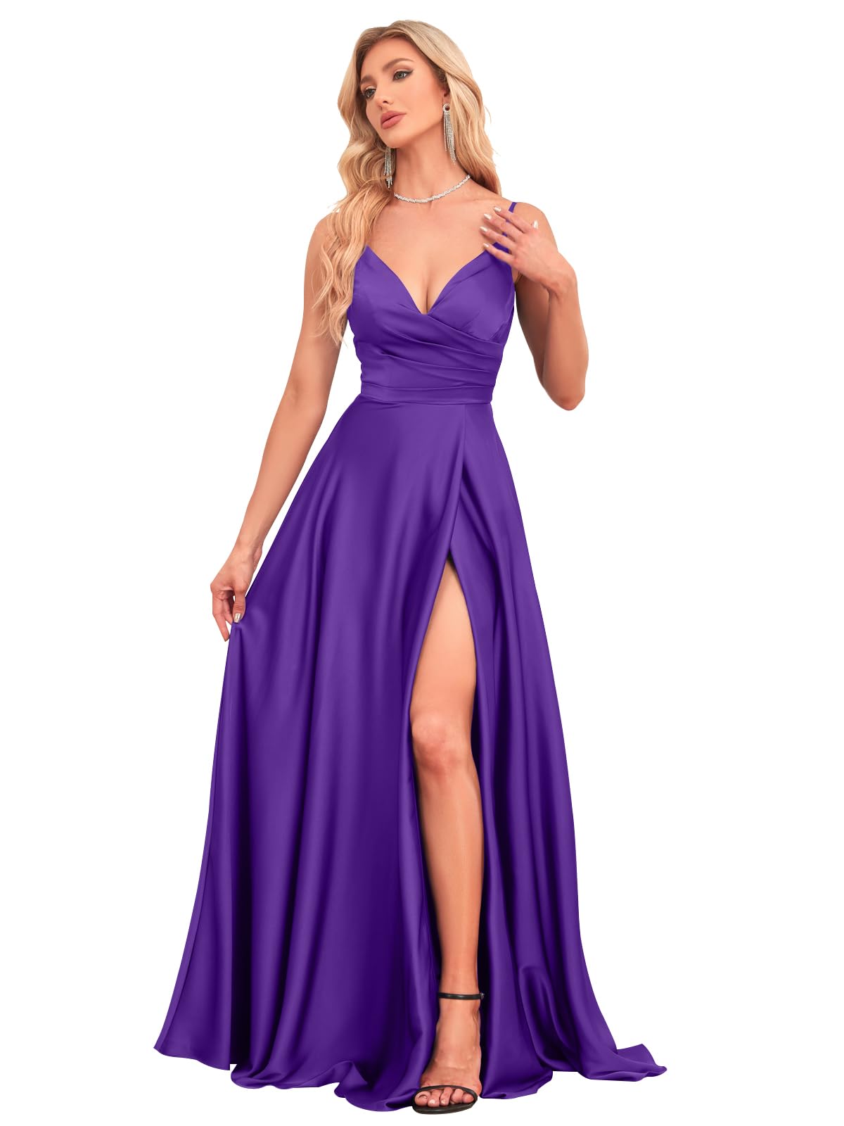 V Neck Satin Prom Dresses with Slit Long A line Formal Bridesmaid Dresses for Women BDL004