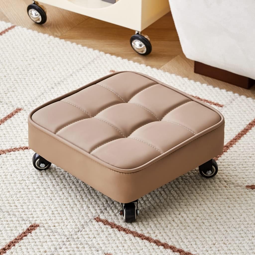 Rotating Low Stool Garage Shop Roller Work Seat, Pneumatic Rolling Stool, Rolling Padded Mechanic Chair, 360 Rotating Leather Cushion, for Home Shop Low Roller Seat (Dark Khaki 33*33*14cm)
