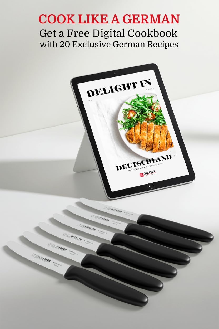 Giesser since 1776, Made in Germany, Serrated kitchen knives round tip dishwasher safe 4.5 inch - Tomato knife, Steak knive set of 6 (Black)