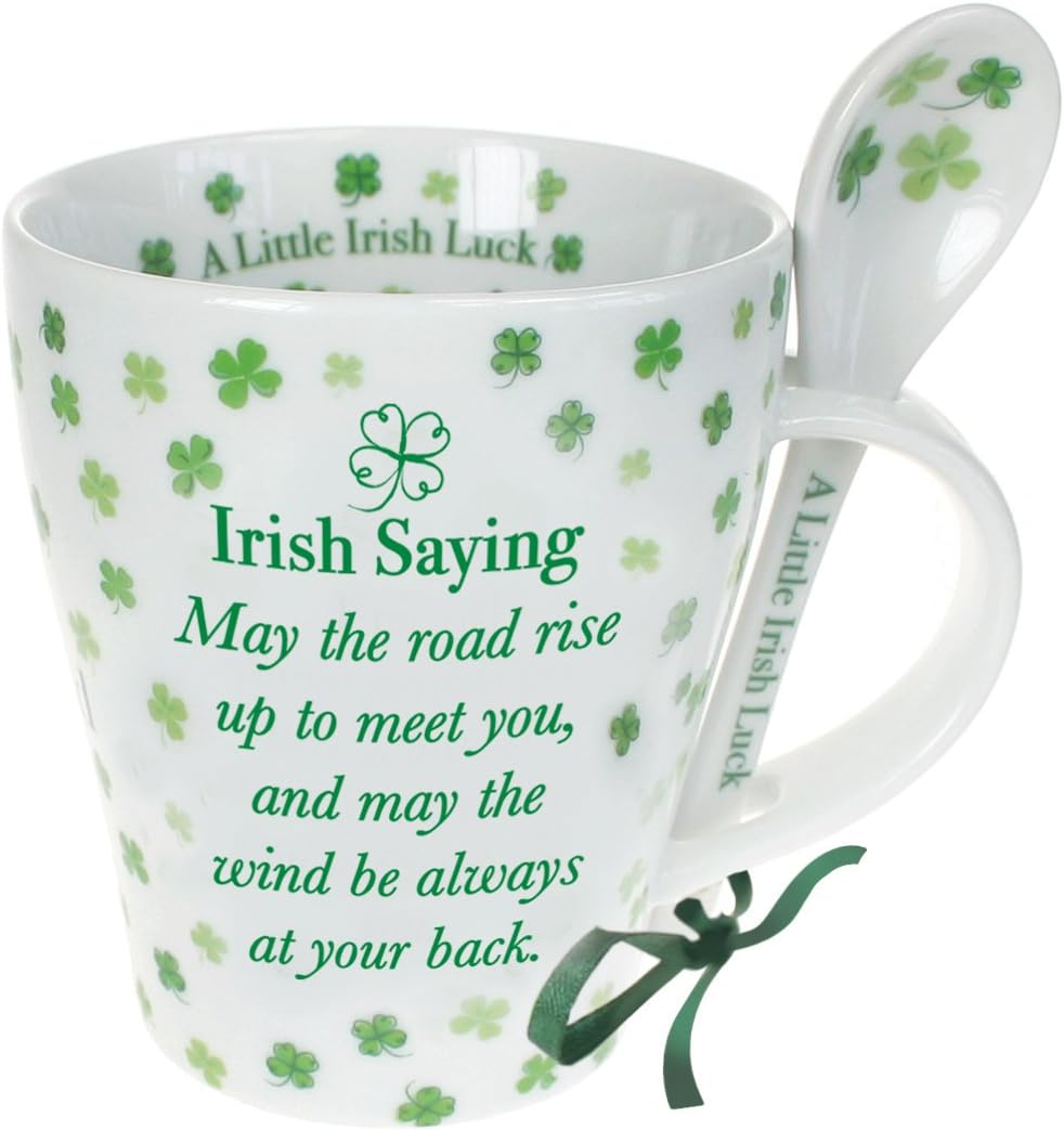 Aeiniwer Irish Ceramic Mug And Spoon Set, Four Leaf Clover Irish Saying