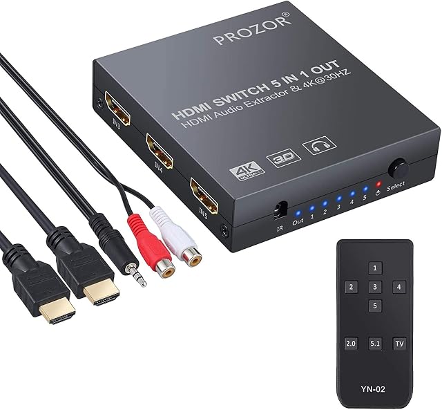 PROZOR 5 IN HDMI Audio Extractor 4K HDMI Switcher with Toslink SPDIF 3.5mm RCA R/L Output with IR Remote HDMI Cable 3.5mm Male to 2 RCA Female Cable for Converting DVD PC to HDTV Soundbar etc