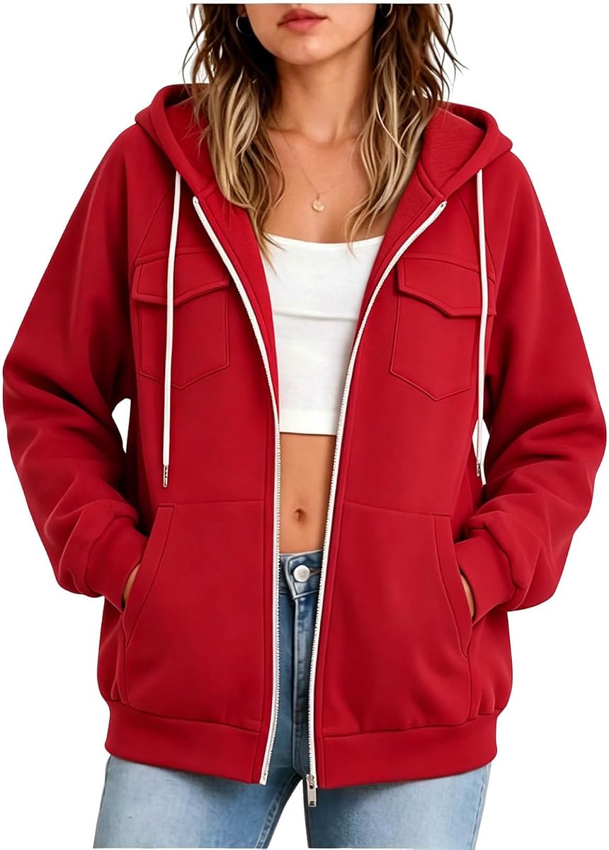 Womens Zip Up Hoodies Casual Loose Long Sleeve Jackets | Full Zip Up Sweatshirt Women Hoodie Loose Fit Casual Long Sleeve Jacket Fall Fashion Soft Solid Comfy Clothes with Pockets