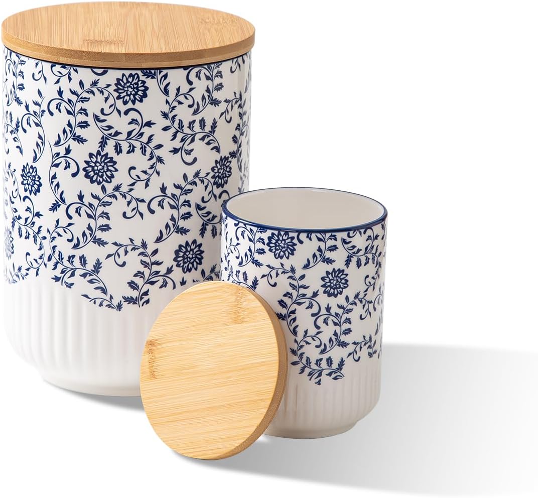 Kitchen Canisters for Countertop - 2 Pcs Ceramic Canisters Sets for Kitchen with Airtight Wood Lids - Flour and Sugar Containers for Coffee Tea Spice Beans Cookie Jars - Blue, 74/18 oz