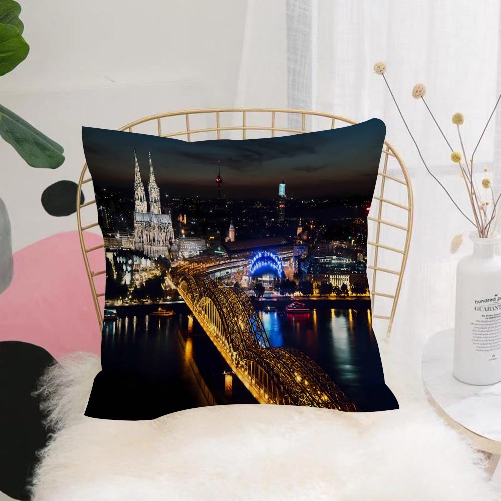 HYOSXW Cushion Cover,Throw Pillow Case Home Decorative for Living Room Bedroom Sofa Chair 16X16 Inch,City，Charming night view of Cologne illuminates the river bridge and majestic c,Pillowcase 40X40cm