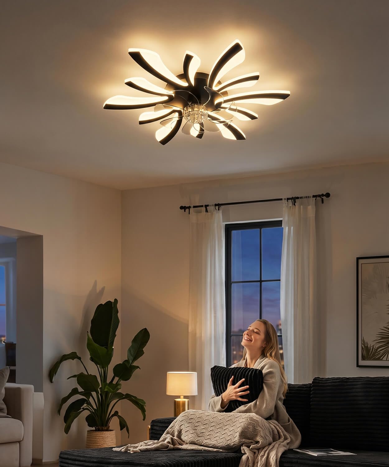LJX Lampadario con Ventilatore da Soffitto con Telecomando DC Plafoniera con Ventilatore Led Soffitto Silenzioso Dimmerabile Estate e Inverno Cucina Camera da Letto, Nero