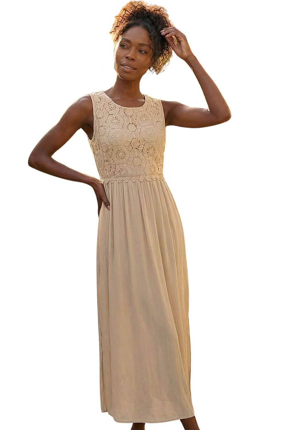 Roman Originals Crochet Bodice Midi Dress for Women UK - Ladies Everyday Holiday Spring Summer Round Neckline Comfy Soft Evening Vacation Work Party - Stone - Size 16
