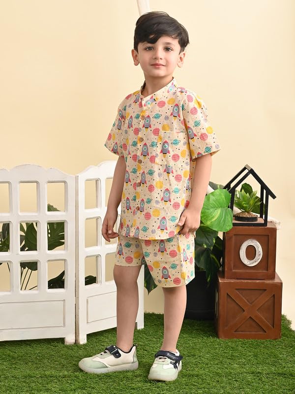 Image of superminis Baby Boys Cotton Printed Shirt and Nikkar /Shorts Coordinated Set