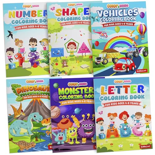 KiddieLoot Coloring Books for Kids Ages 4-8 - (Pack of 12) 8.5x11 Size Book w/Dinosaurs Monsters Vehicles Alphabet Numbers & Shapes - Kids Coloring Books Variety Set for Boys & Girls Color Gift