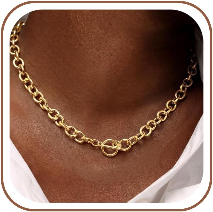 14K Gold Plated Chunky Necklace for Women, Trendy Toggle Clasp