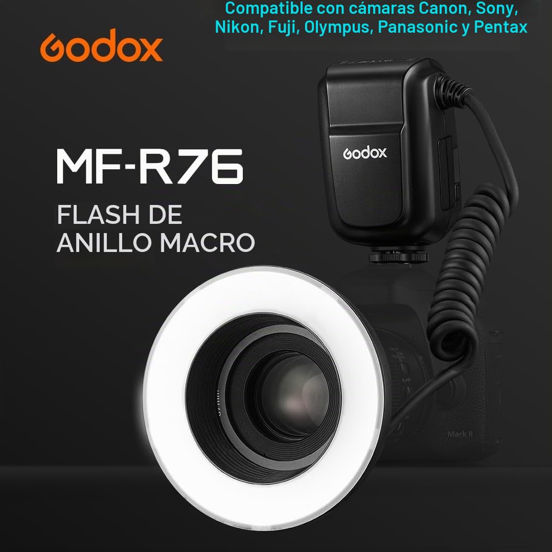 Godox MF-R76 LED Micro Ring Flash con Batería de Iones de Litio de 2600 mAh y Anillos Adaptadores de Pantalla LCD para Canon Sony Nikon Fuji Olympus Panasonic Pentax Camera Flash Speedlight Light