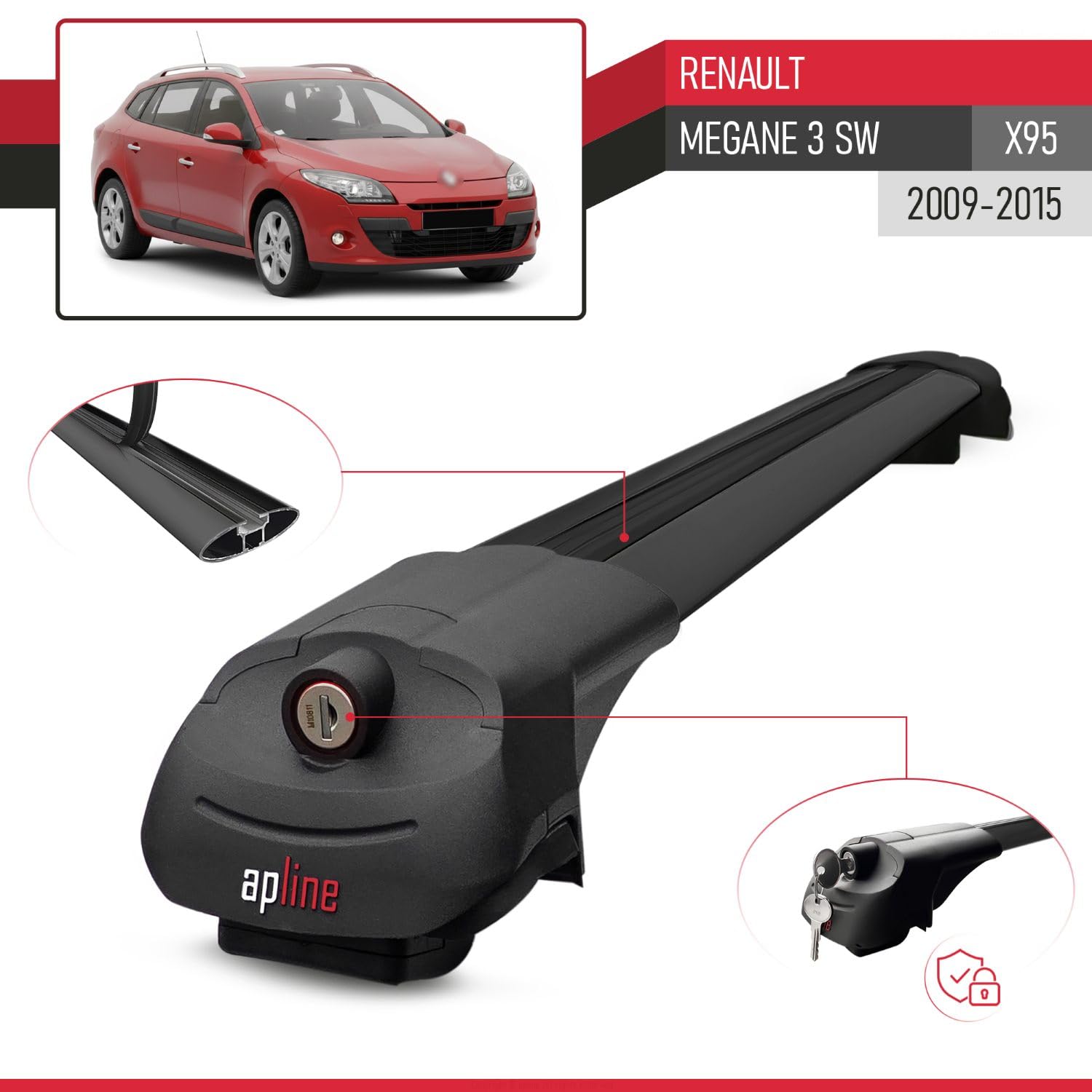 Kompatybilny z Renault Megane 3 SW (X95) 2009-2015 ACE-1 Model Aluminiowe poprzeczki dachowe Czarny 3 szt.