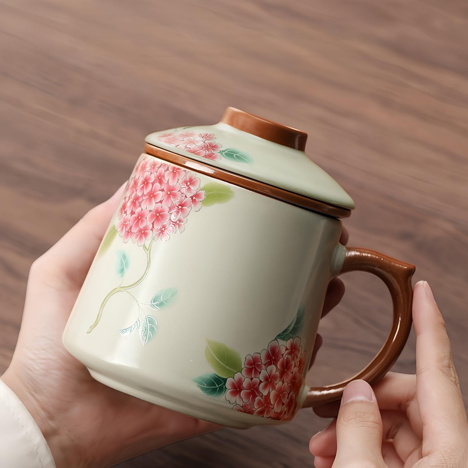 Ceramiczna filiżanka do herbaty z pokrywką 400 ml, separacja herbaty z sitkiem i uchwytem, 2 kolory (wzór Hydrangea), zestaw pojedynczy lub 4 sztuki (zielony, 4 sztuki)