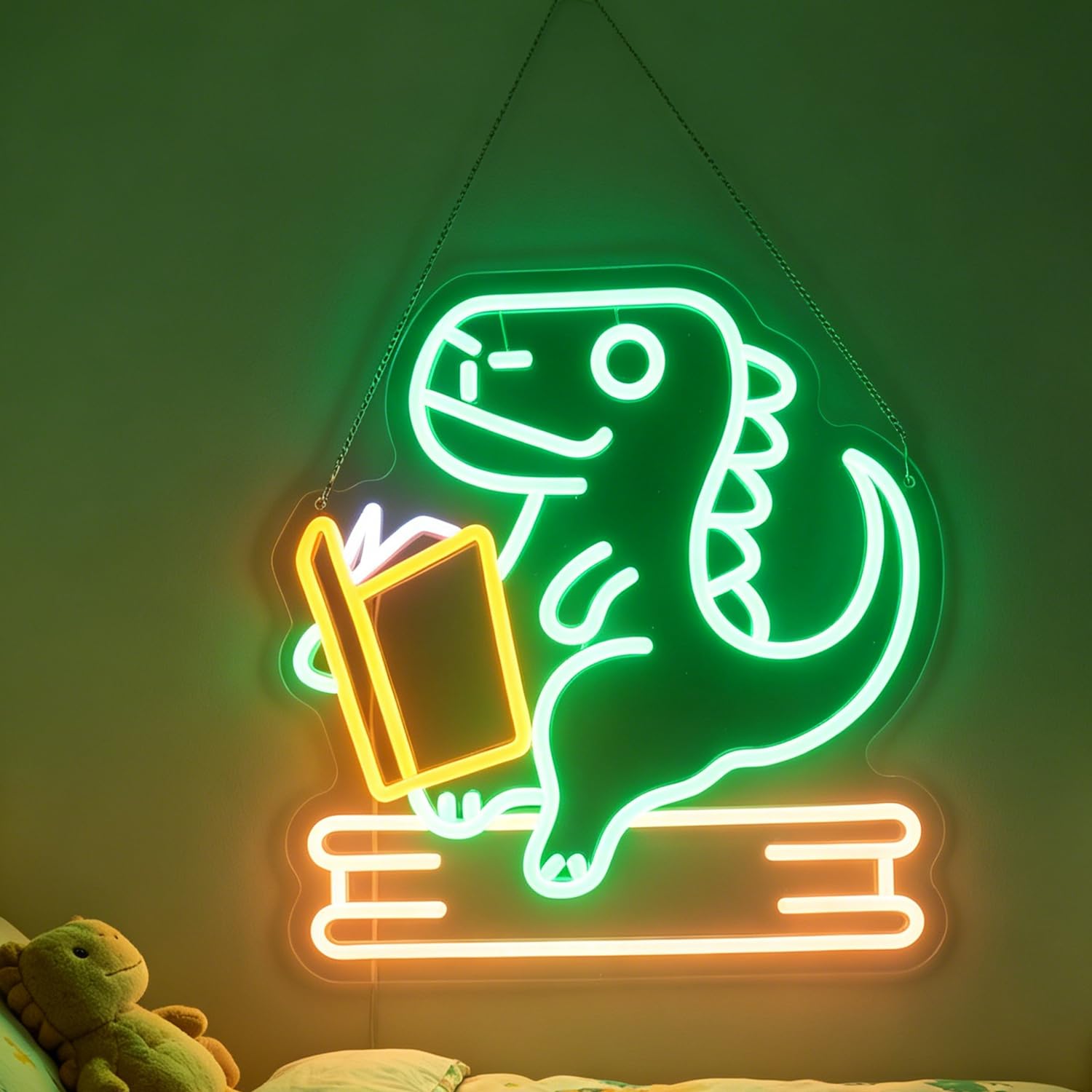 Reading Dinosaur Neon Sign, Book Lover Led Neon Light, Bookish LED Sign, Bookworm Reading Club Light, Kid's Room Decor, Game Room Wall Art, Christmas & Birthday Gifts