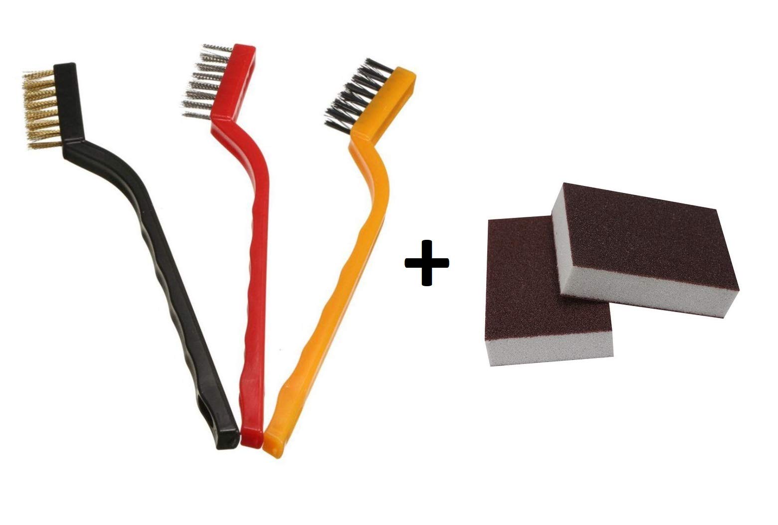 IARA Combo Set of 3 Pc Wire Brush Set - Brass, Nylon, Stainless Steel Bristles Handle Scratch Brush & 2 pc Scouring Pad Non-Scratch Scouring Sponge Scrub Pad