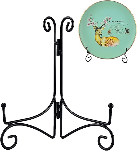 HOPEME 10 Inch Plate Stand for Display, Tabletop Metal Plate Easel, Black Iron Stand Photo Holder for Wedding Place Card, Decorative Plates, Picture Frame, Artwork and Album Card (10 Inch, 1 Pack)