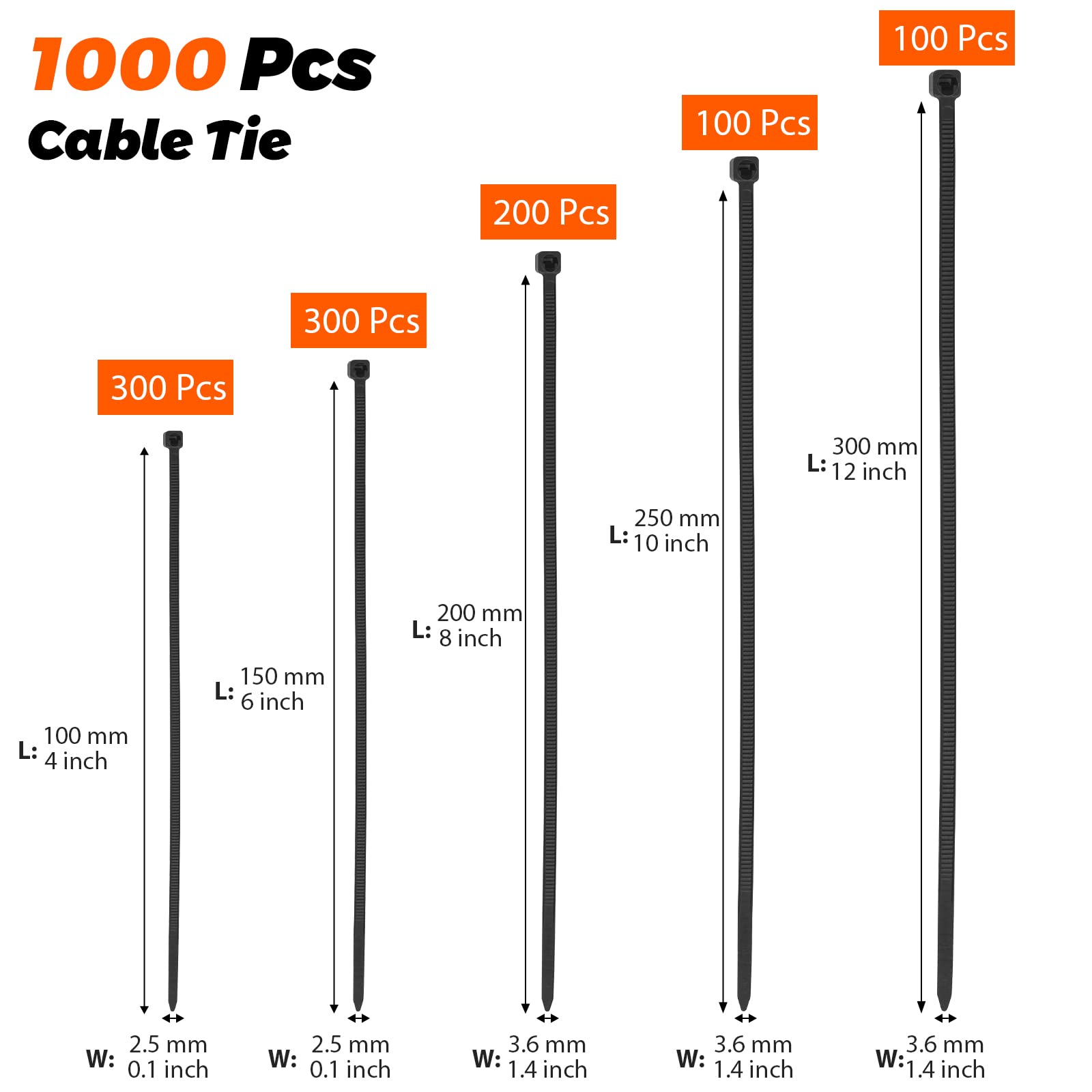 1000 Pack Cable Ties Black, 100/150/200/250/300mm Zip Ties Set - Image 2