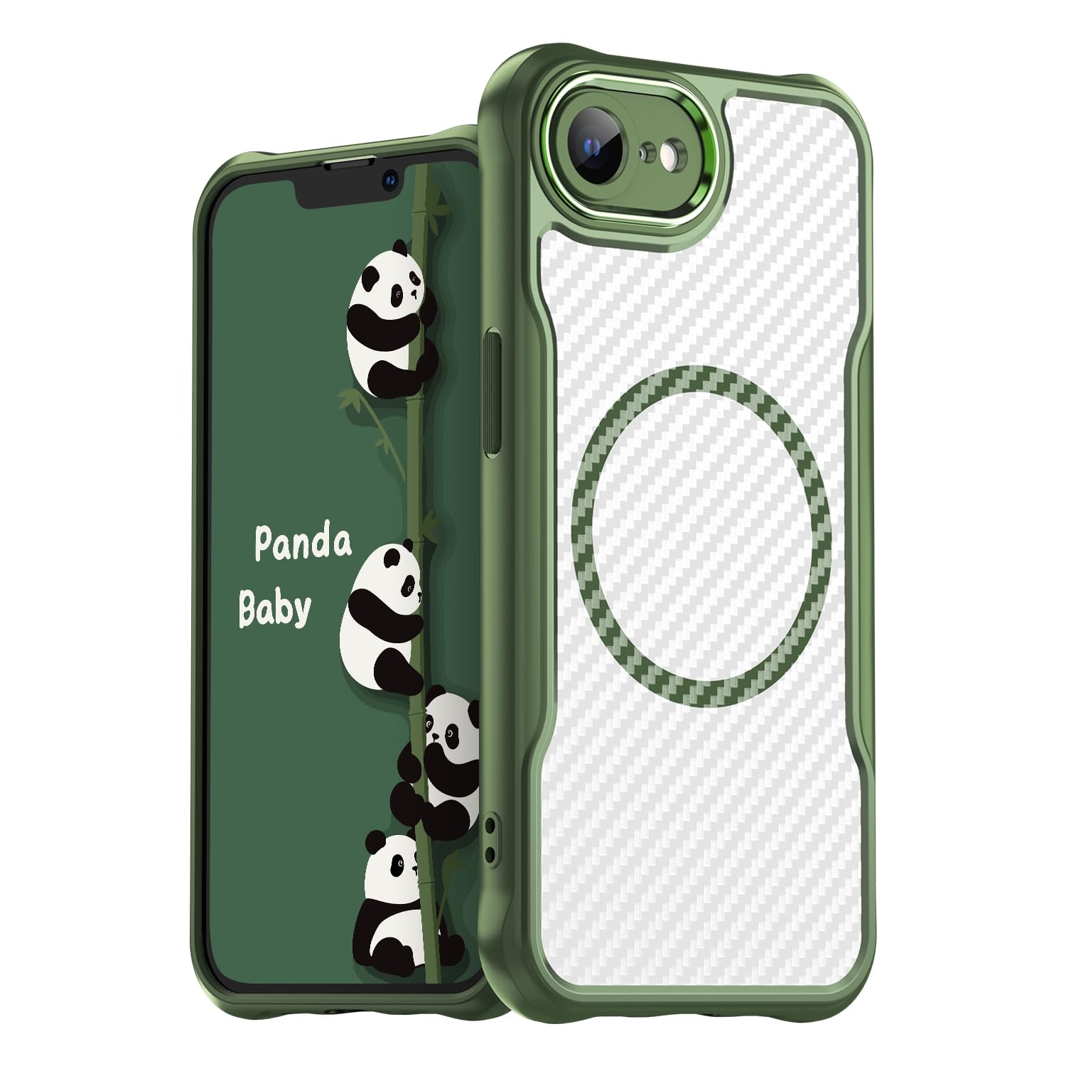 Panda Baby iPhone 17e/16e 用 ケース MagSafe対応 半透明カバー 薄型 耐衝撃バンパー マット質感 レンズ全面保護 (グリーン)