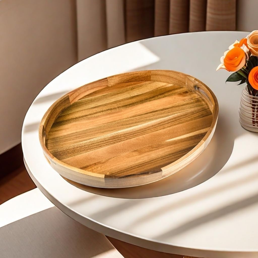 Acacia Wood Serving Tray for Ottoman - Large, Decorative Table Tray for Living Room, Coffee Table, Breakfast in Bed, Candle & Flower Display, Desktop Organizer, 17"x13" Round