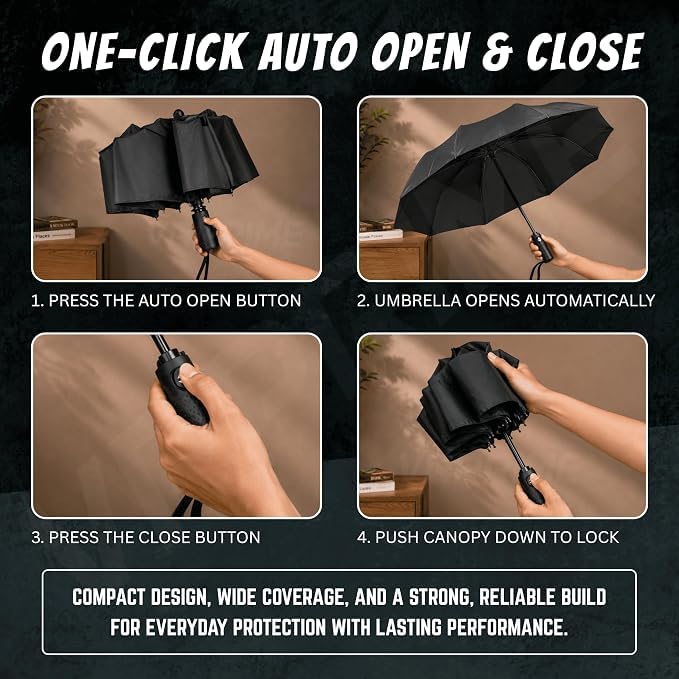 Image of Umbrella for Men Rain | Foldable Fully Automatic, Windproof Ribs Umbrella with Travel Cover for Men & Women (Black) (REFLECTIVE)