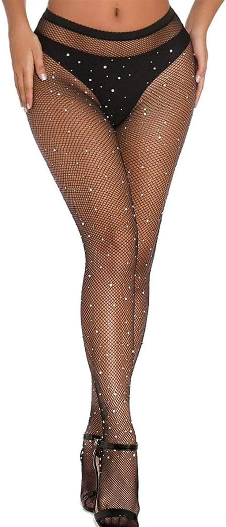 BohendRhinestone Fishnet Tights Sparkle High Waist Fishnets Stretchy Night Club Tights Party Stocking for Women