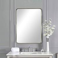 Vista 18 de ANDY STAR - Espejo de latón para baño, espejo rectangular redondeado de 22x30 pulgadas con marco de metal cepillado dorado, espejo de tocador