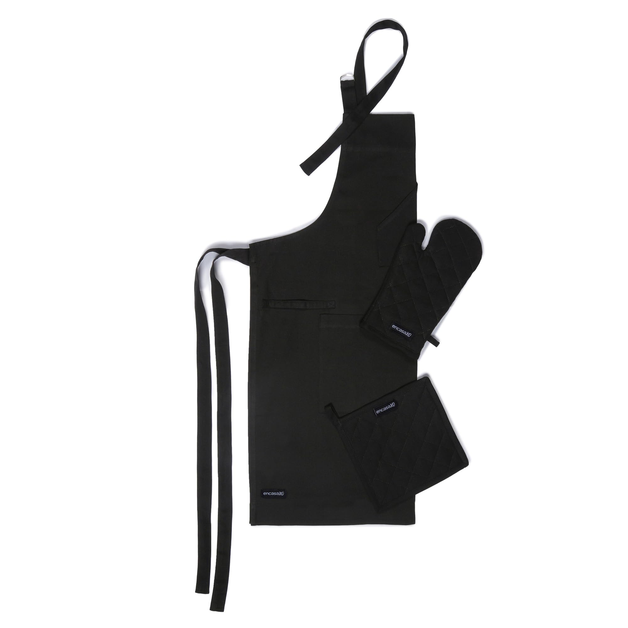 Encasa XO Kitchen Apron with Oven Gloves & Potholder - Combo Set - 100% Cotton, Heat Resistant - Full Black, 68x85 cm, (Pack of 3)