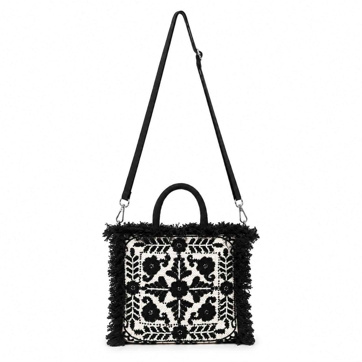 Beaded Mini Tote Bag for Women, Black and White Evening Handbag with Detachable Crossbody Strap, Fringe Canvas Purse, Zipper Closure, Party Cocktail Wedding Travel Designer Bag