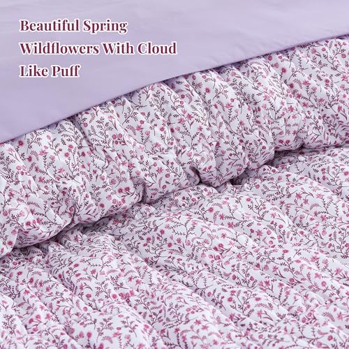 Full Size Comforter Sets - 7 Pieces Puff Light Purple Floral Bedding Set for All Seasons, Shabby Chic Farmhouse Bed in a Bag Full with Floral Comforter, Sheets, Pillowcases & Shams