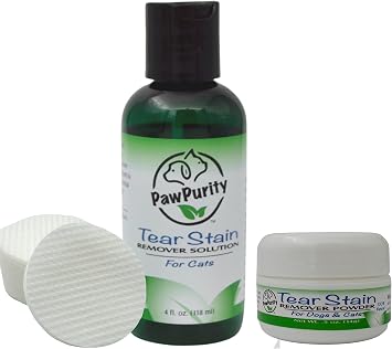 PawPurity Tear Stain Remover Kit for Cats | Includes Tear Stain Remover Solution, Powder and Application Pads | 100% Natural | Tear Stain Removal Takes About 7-10 Days 45-60 Day Supply