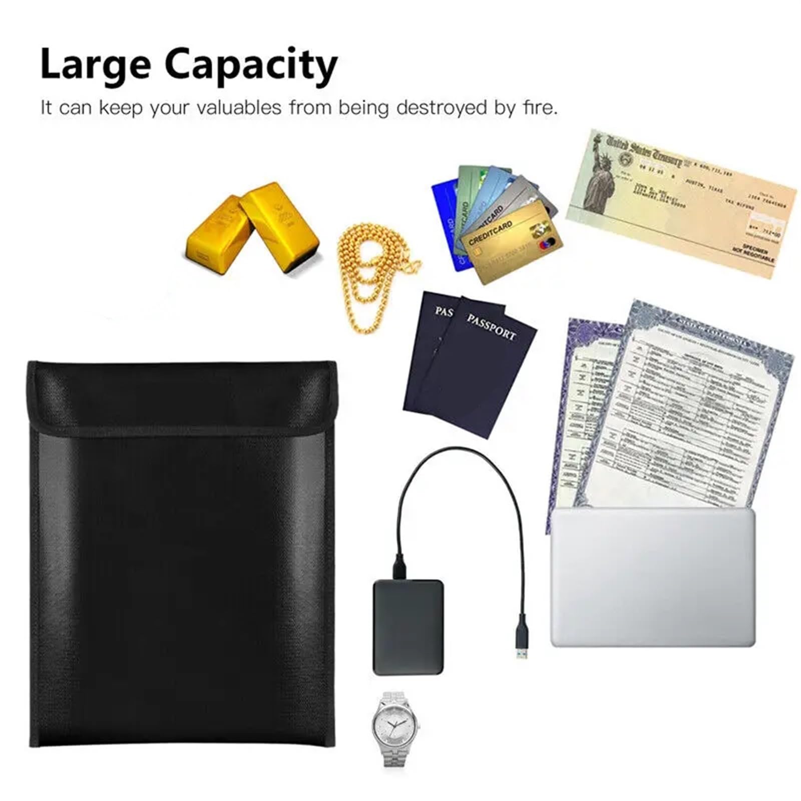 Borsa Portadocumenti Impermeabile ignifuga Borsa da Viaggio Portatile sicura Resistente al Fuoco a 3 Livelli for passaporto Gioielli in Denaro(Black)