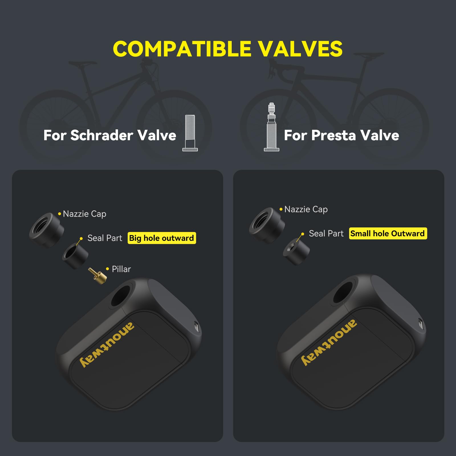 Tiny - Bomba de aire eléctrica recargable AT1 MAX, máximo 120 PSI, parada automática, compatible con válvulas Presta y Schrader, para bicicleta de carretera y montaña