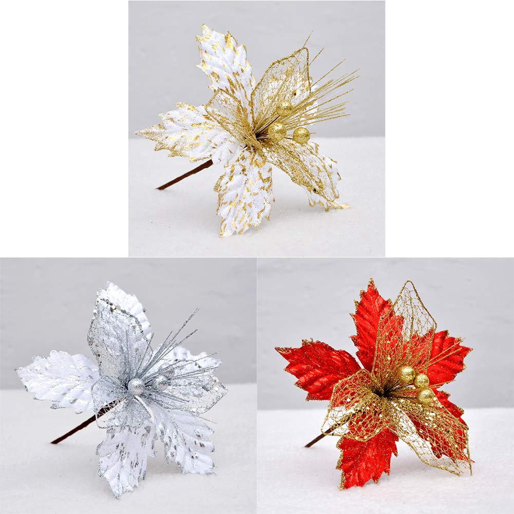 Flores Artificiales, 12 Unidades, Flor de Pascua Plateada con pétalos de Doble Capa y Malla Brillante, Ideal para guirnaldas, Coronas, decoración de árboles y Regalos.