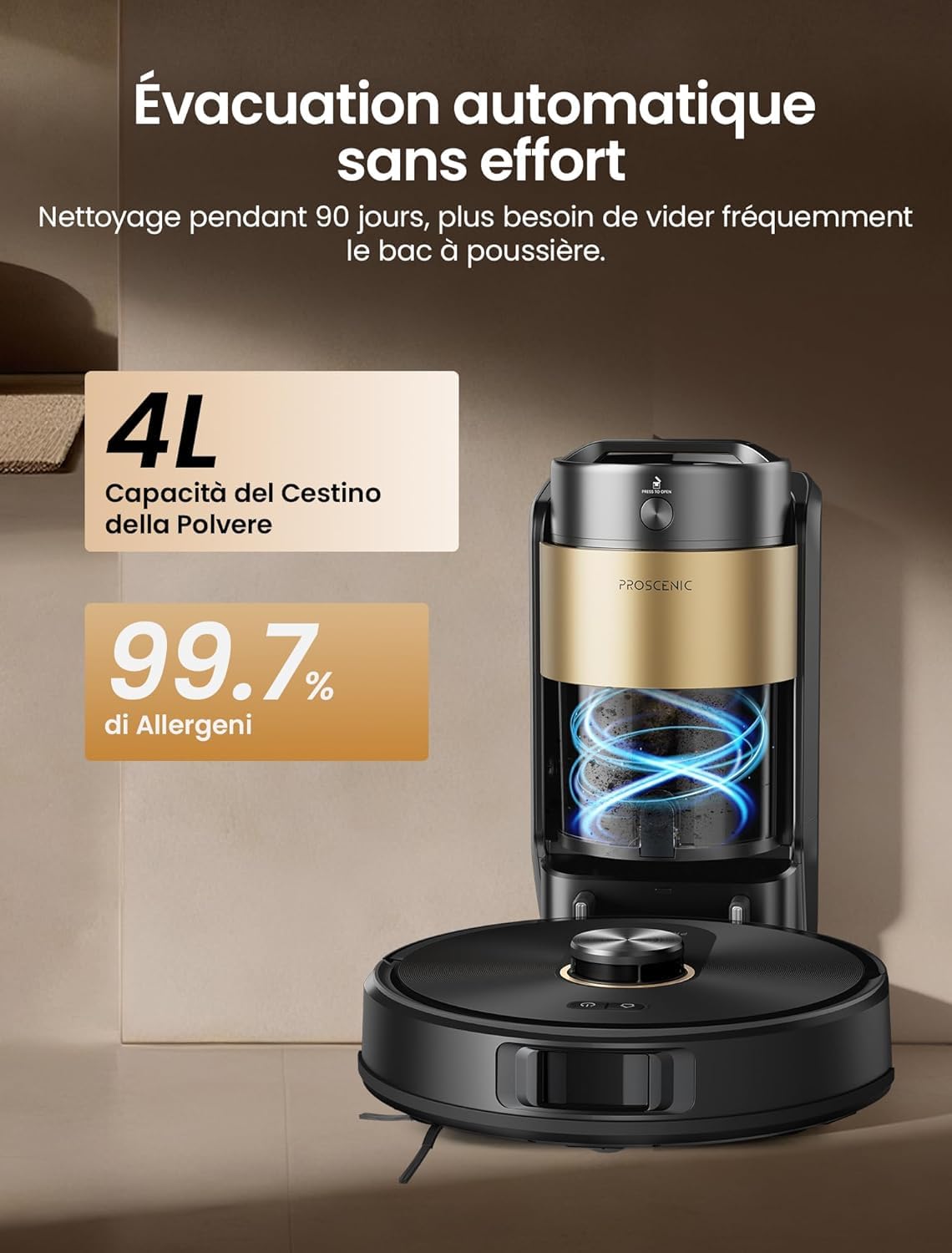 Proscenic Q20Plus Robot Aspirapolvere Lavapavimenti con Mappatura 10000Pa 200 Minuti Autonomia Contenitore Trasparente Senza Sacco per Pavimenti e Tappeti
