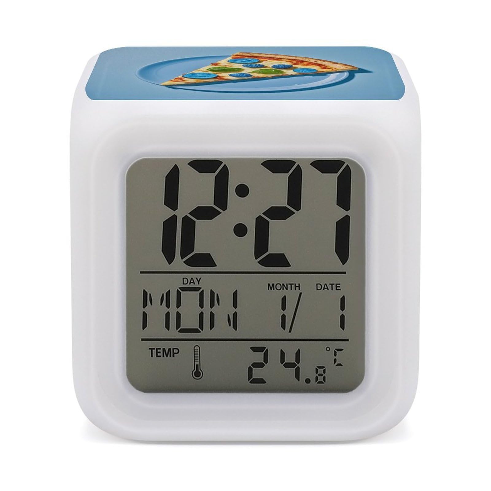 FekiLoot Light Blue Pizza Slice Alarm Clock for Heavy Sleepers Wake Up Digital Clock with 7 Color Changing Night Light Super Loud Digital Alarm Clocks Small Machine Alarm Clocks