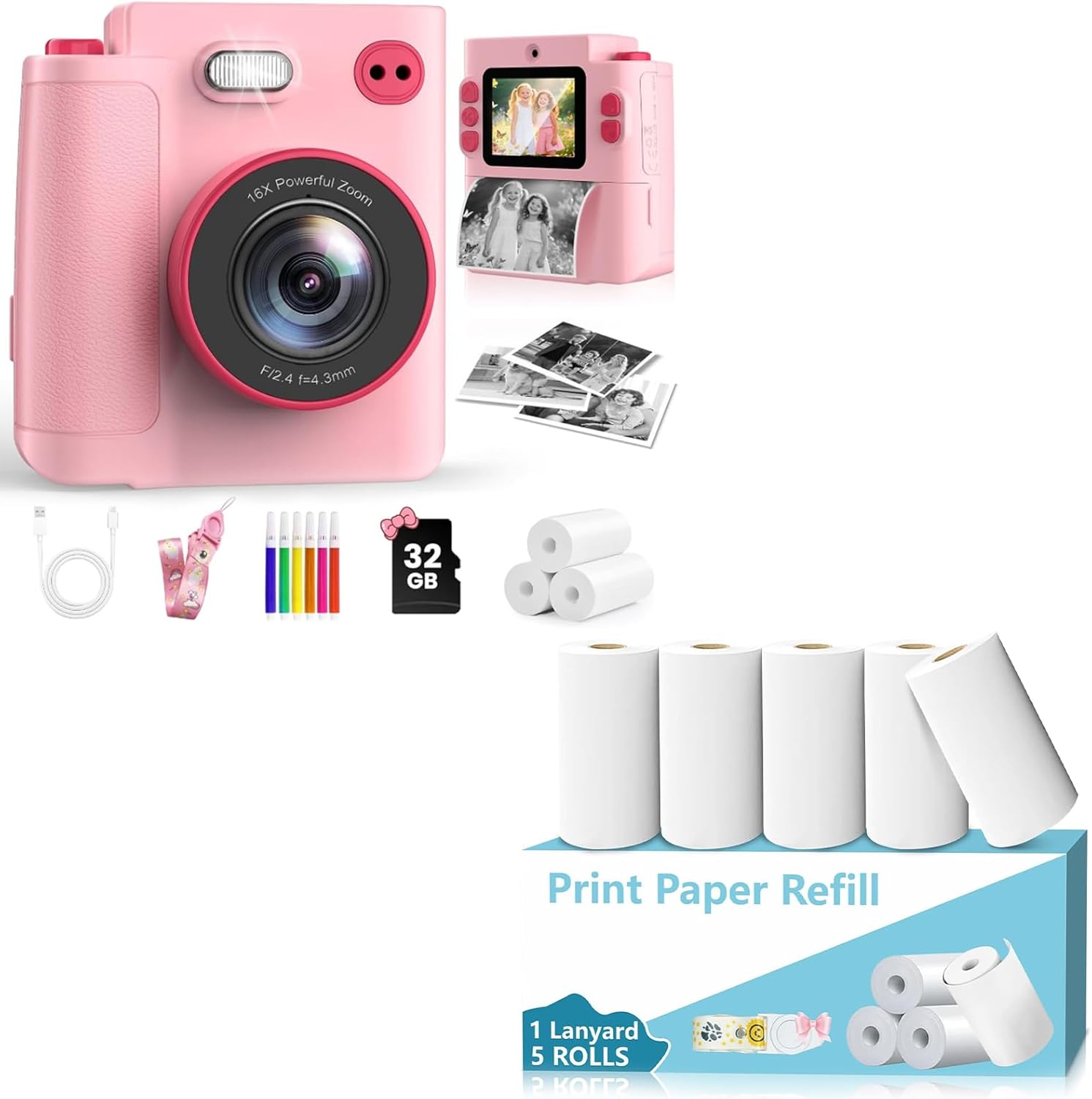 Kids' Instant Print Camera + 5 Rolls Thermal Paper Bundle
