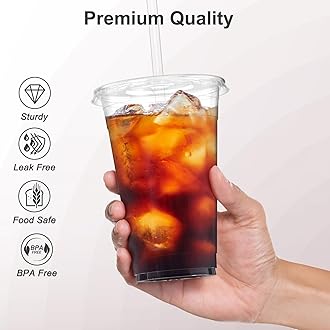 Dealusy 100 Pack - 24 oz Clear Plastic Cups with Lids and Straws, Sturdy & Food Safe Iced Coffee Cups with lids, Disposable Plastic Smoothie Cups for Cold Drinks