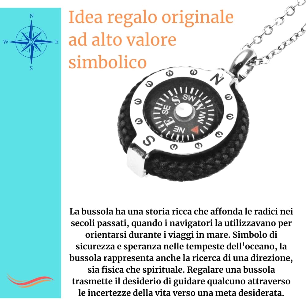 Collana Bussola Uomo in Acciaio Inox e Corda Vari Colori – Stile Nautico Mare Estate Vela – Collana Elegante Uomo