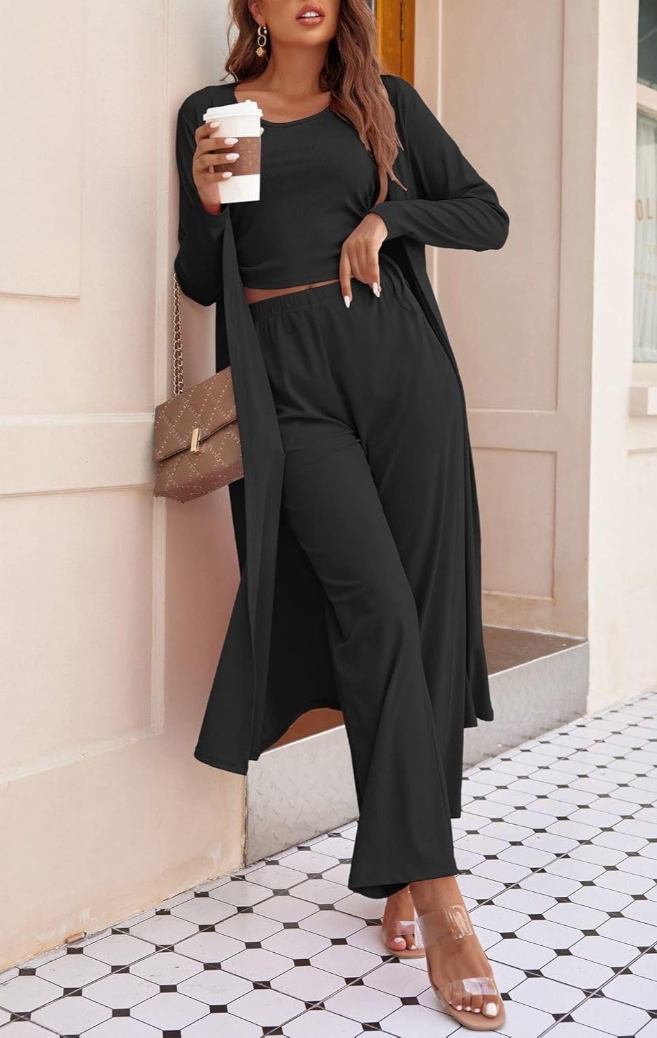 Ladies 3 Piece Long Sleeve Soft Set Hide Belly Fat Formal Sweatsuit Open Front Casual Cardigan