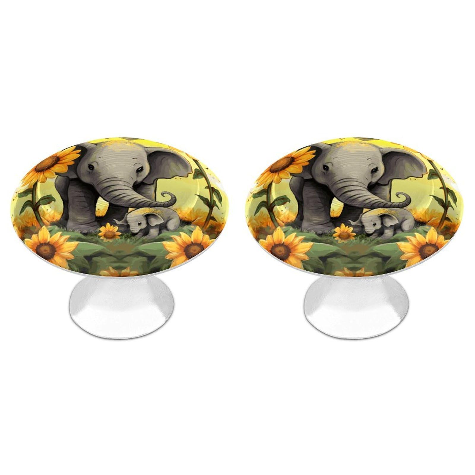 Fodpand White 2 Pack Cabinet Knobs 1.1 Inch Single Hole Drawer Pulls Handles Decorative Elephant And Sunflowers Furniture Knobs For Dresser Kitchen Bathroom Cupboard Wardrobe Vanity Closet Door Hardware