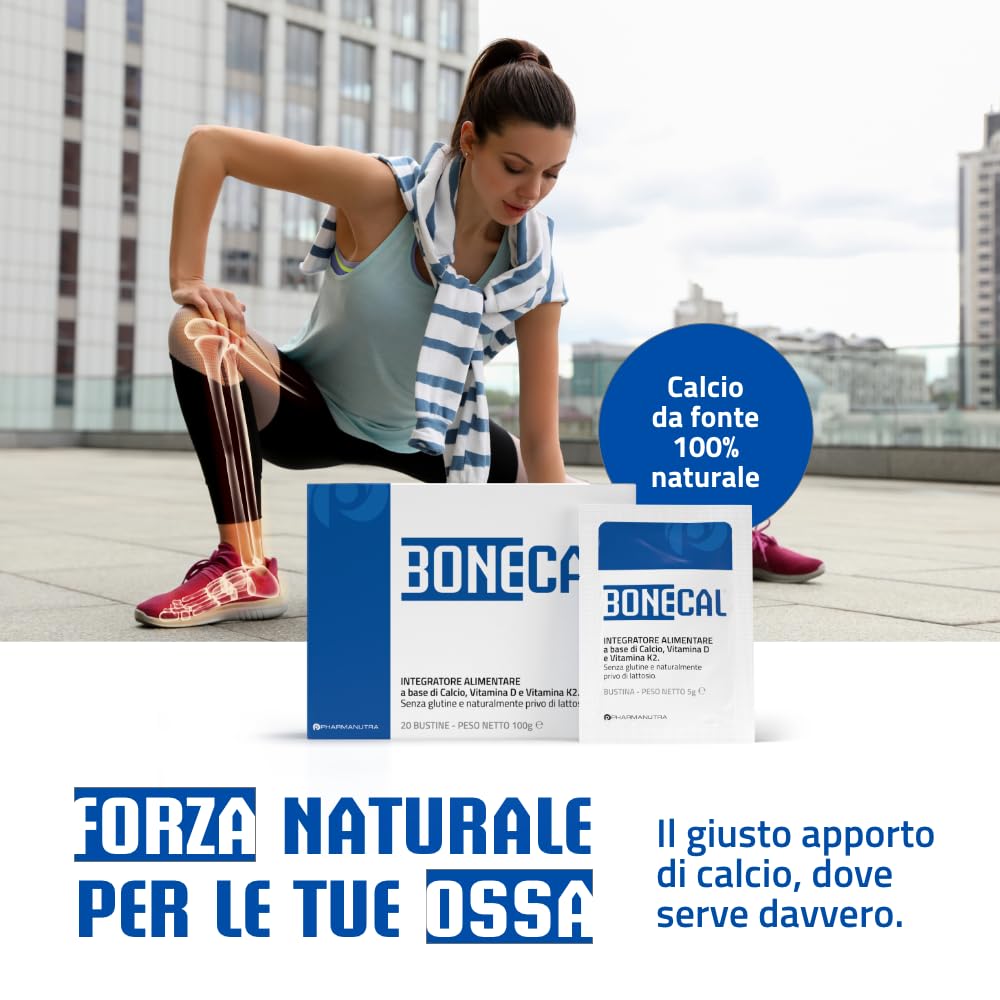 Integratore di Calcio Algale 100% vegetale Aquamin®, Vitam. K2, D3 (1000 UI), Salute delle ossa-denti-muscoli, No glutine, Pharmanutra BONECAL 20BUST OFFERTA TRE CONFEZIONI