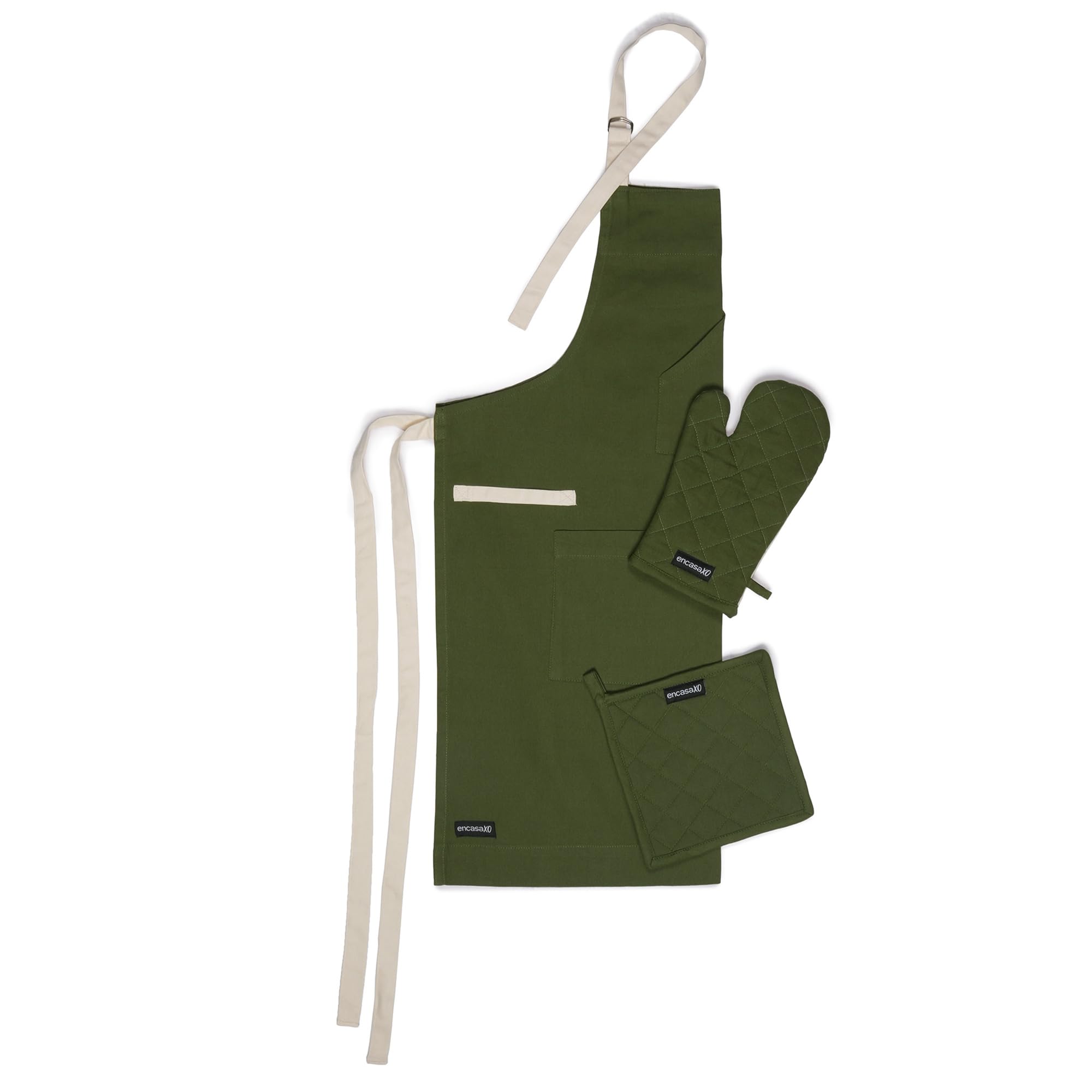 Encasa XO Kitchen Apron with Oven Gloves & Potholder - Combo Set - 100% Cotton, Heat Resistant - Leaf Green, 68x85 cm, (Pack of 3)